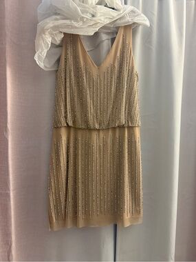 Xscape Beige Beaded V-Neck Cocktail Dress